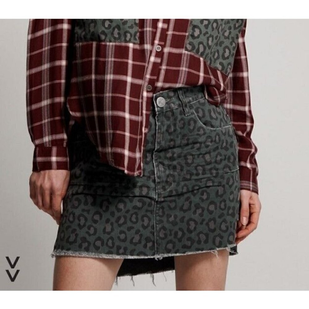 New One Teaspoon Leopard Vanguard Denim Skirt Womens 24 Mini Night Crawler